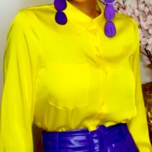 Bright Yellow Satin Button Up Blouse